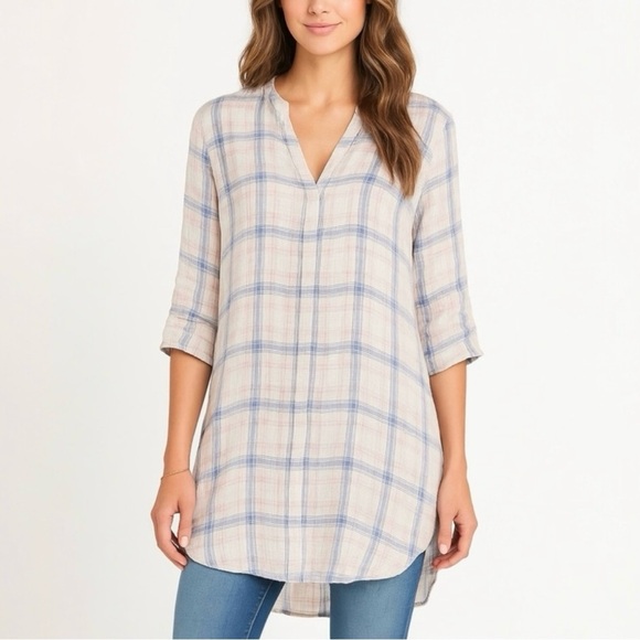 CP Shades Tops - CP Shades Pastel Plaid Linen Split Neck Long Tunic Top Size XS